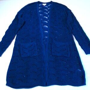 Long Cardigan SMALL blue opened wave knit duster sweater blue light-weight
